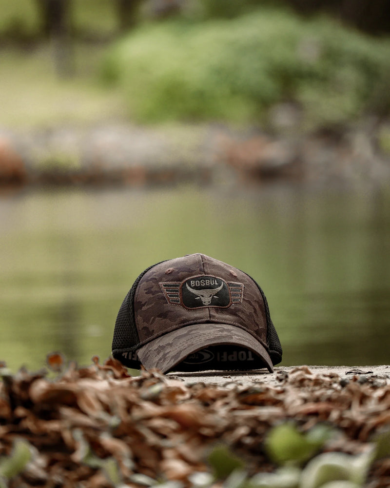 Bosbul Aviator Applique Brown/Black Camo Trucker Cap