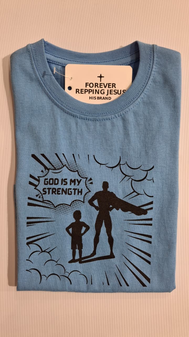 FRJ Kids God is my Strength Sky Blue T-Shirt